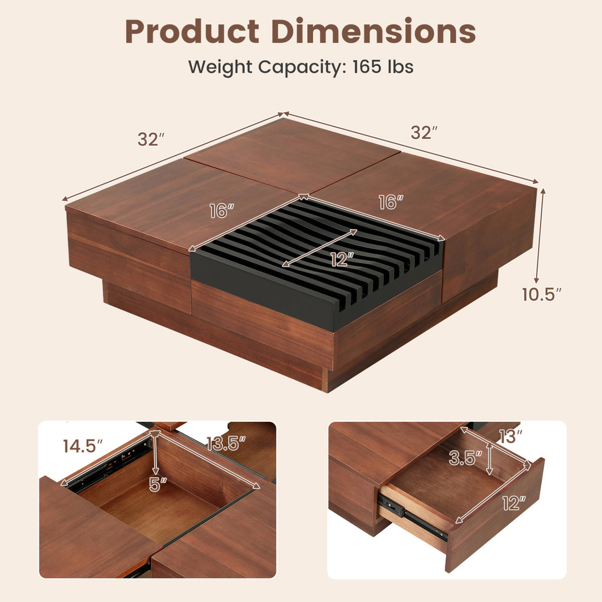 32" Square Color-blocking Design Coffee Table with Storage Tray for Living Room-Walnut