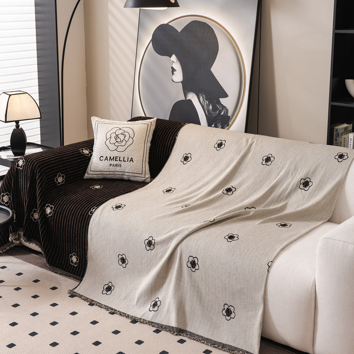 Chenille Camellia Floral Sofa Throw Cover Couch Blanket with Striped Jacquard