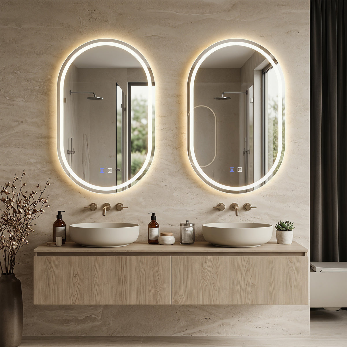 32x20" Oval LED Bathroom Mirror with Front & Backlight 3 Colors Stepless Dimming-Silver