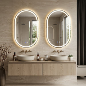 32x20" Oval LED Bathroom Mirror with Front & Backlight 3 Colors Stepless Dimming-Silver