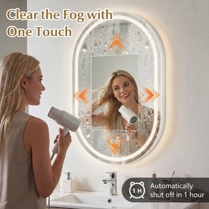 32x20" Oval LED Bathroom Mirror with Front & Backlight 3 Colors Stepless Dimming-Silver