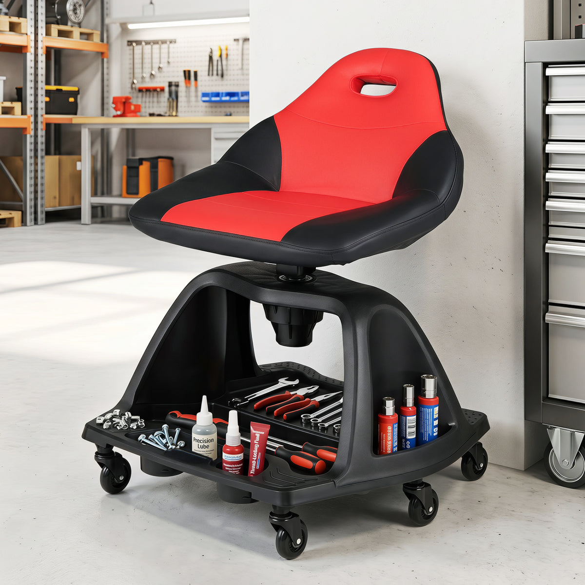 330 LBS Capacity Garage Mechanic Stool Seat  with Backrest 6 Universal Wheels and Tool Tray Storage-Red