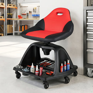 330 LBS Capacity Garage Mechanic Stool Seat  with Backrest 6 Universal Wheels and Tool Tray Storage-Red