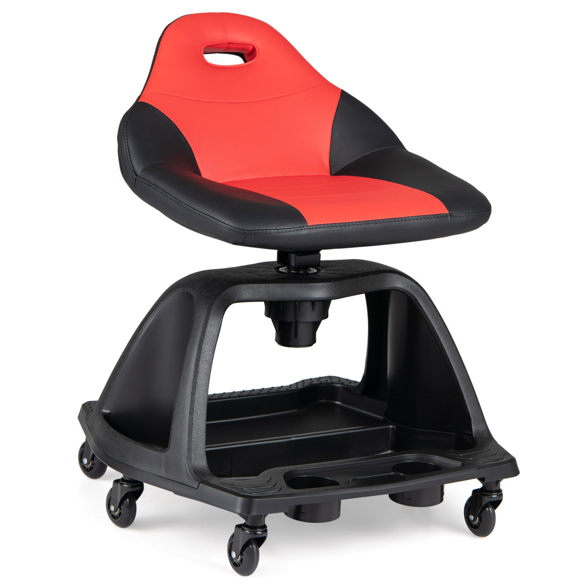 330 LBS Capacity Garage Mechanic Stool Seat  with Backrest 6 Universal Wheels and Tool Tray Storage-Red