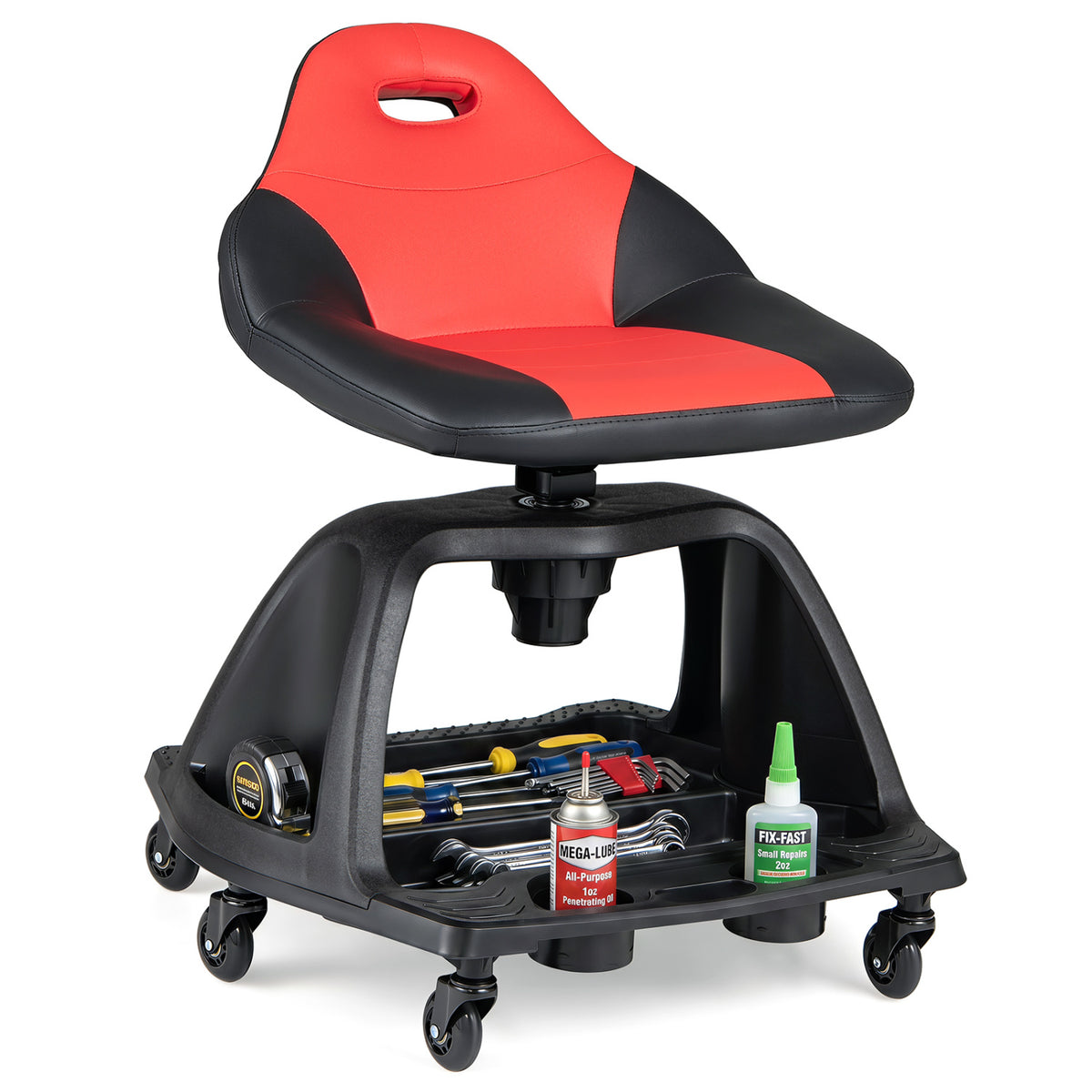 330 LBS Capacity Garage Mechanic Stool Seat  with Backrest 6 Universal Wheels and Tool Tray Storage-Red