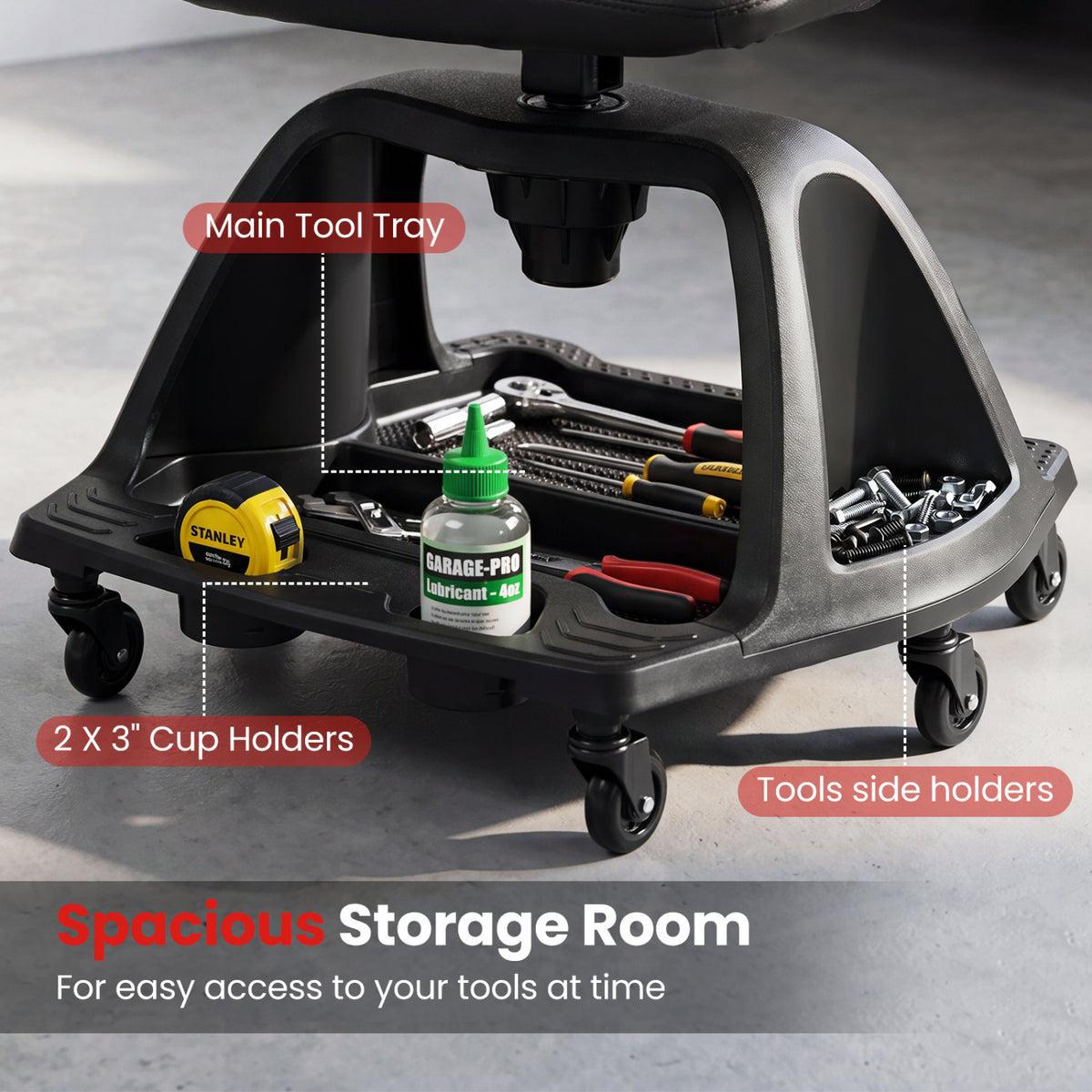330 LBS Capacity Garage Mechanic Stool Seat  with Backrest 6 Universal Wheels and Tool Tray Storage-Red