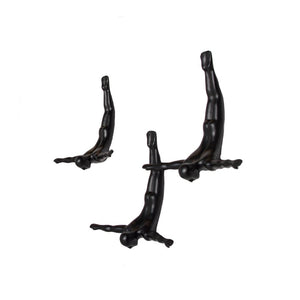 Set of Three Black Resin Diving Man Hanging Dimensional Sculpture