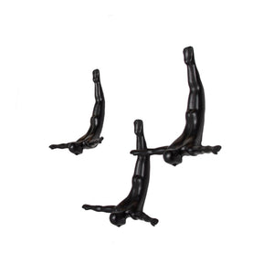 Set of Three Black Resin Diving Man Hanging Dimensional Sculpture