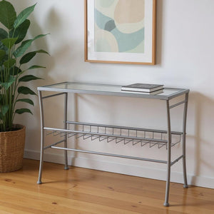 42" Clear And Silver Glass Console Table With Storage