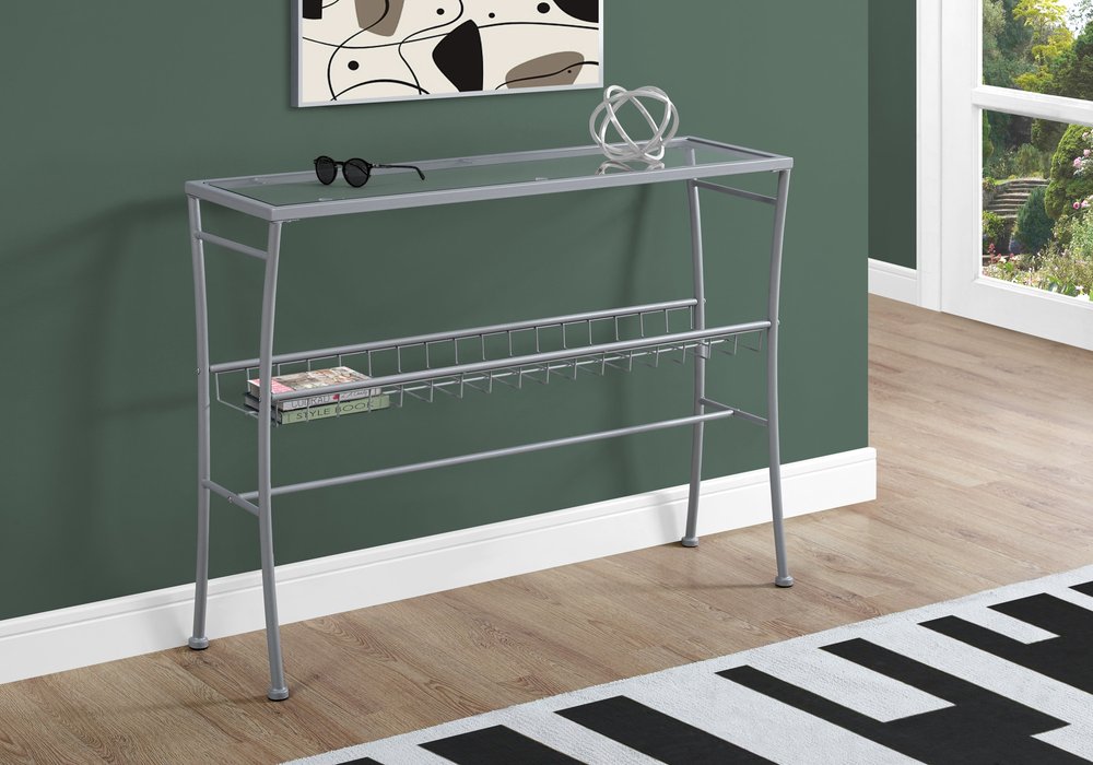 42" Clear And Silver Glass Console Table With Storage
