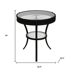 24" Black And Clear Glass And Metal Round End Table With Shelf