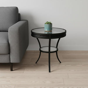 24" Black And Clear Glass And Metal Round End Table With Shelf