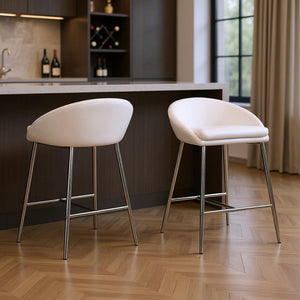 Set of Two 24" White and Silver Metal Low Back Bar Chairs