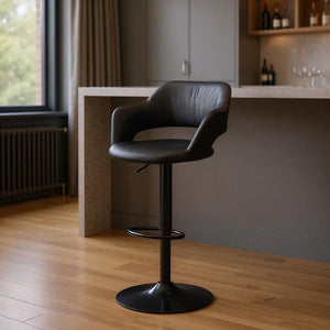Black Faux Leather And Metal Low Back Adjustable Height Swivel Bar Chair