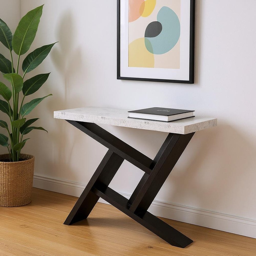 36" Gray and Black Abstract Console Table With Shelves