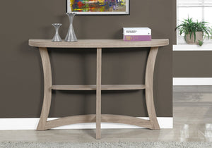 47" Taupe Half Moon Three Leg Console Table With Shelves