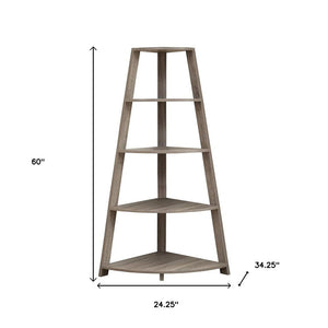 60" Taupe Wood Four Tier Corner Bookcase