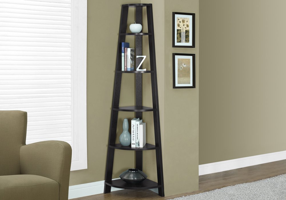 71" Espresso Wood Five Tier Corner Bookcase