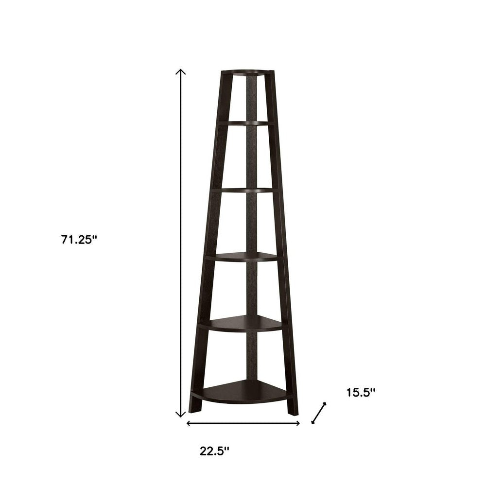 71" Espresso Wood Five Tier Corner Bookcase