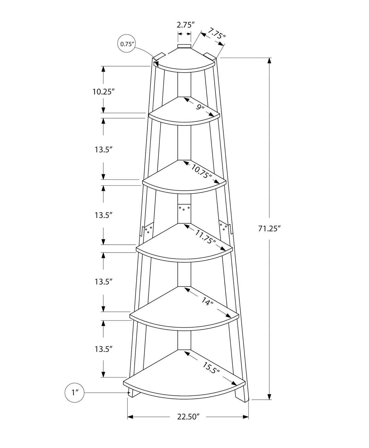 71" Gray Wood Five Tier Corner Bookcase