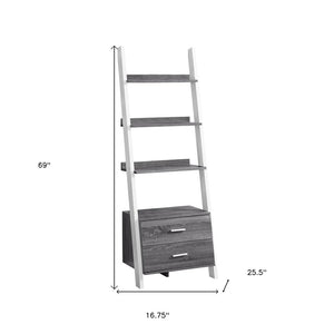 69" Gray and White Wood Ladder Bookcase With Two drawers