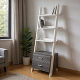 69" Gray and White Wood Ladder Bookcase With Two drawers