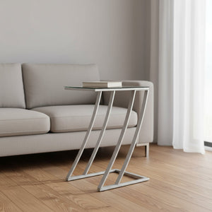 15.75" X 12" X 24" Silver Clear Metal Tempered Glass Accent Table