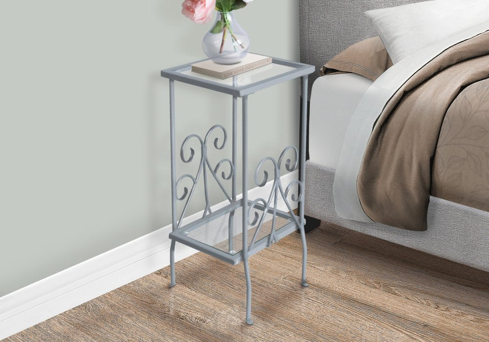 30" Silver And Clear Glass And Metal Square End Table With Shelf