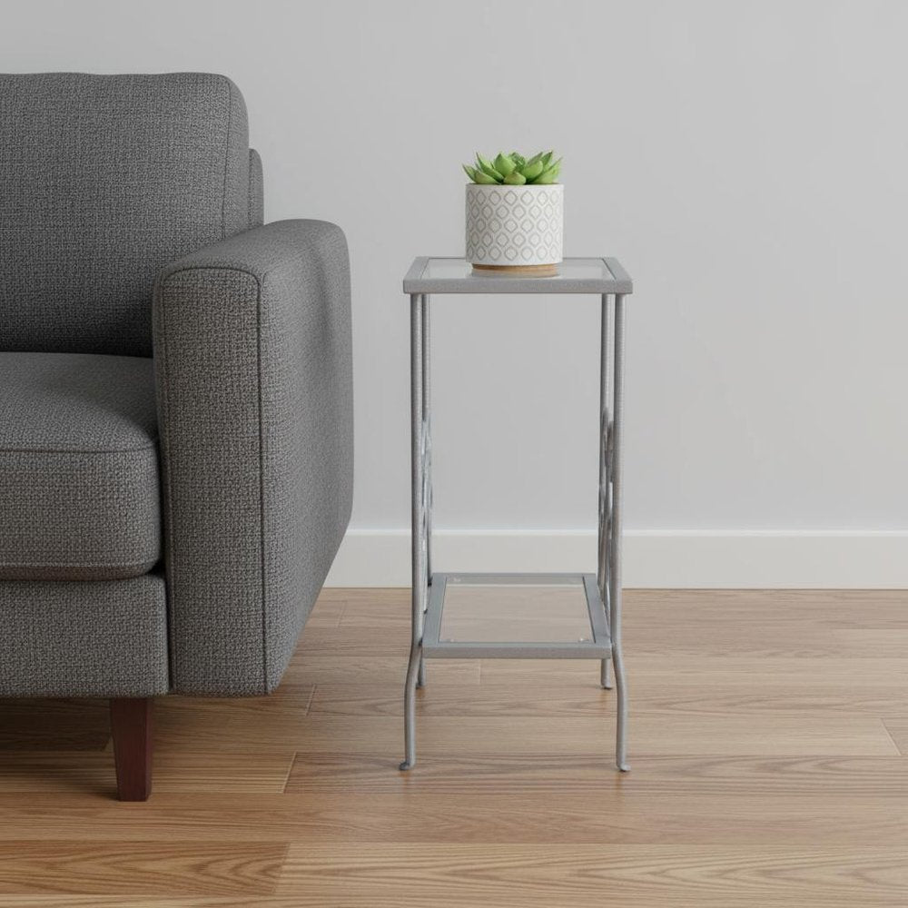 30" Silver And Clear Glass And Metal Square End Table With Shelf