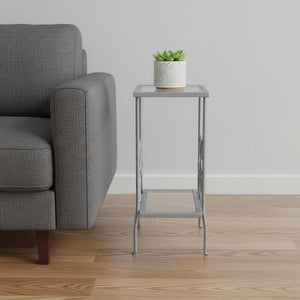 30" Silver And Clear Glass And Metal Square End Table With Shelf
