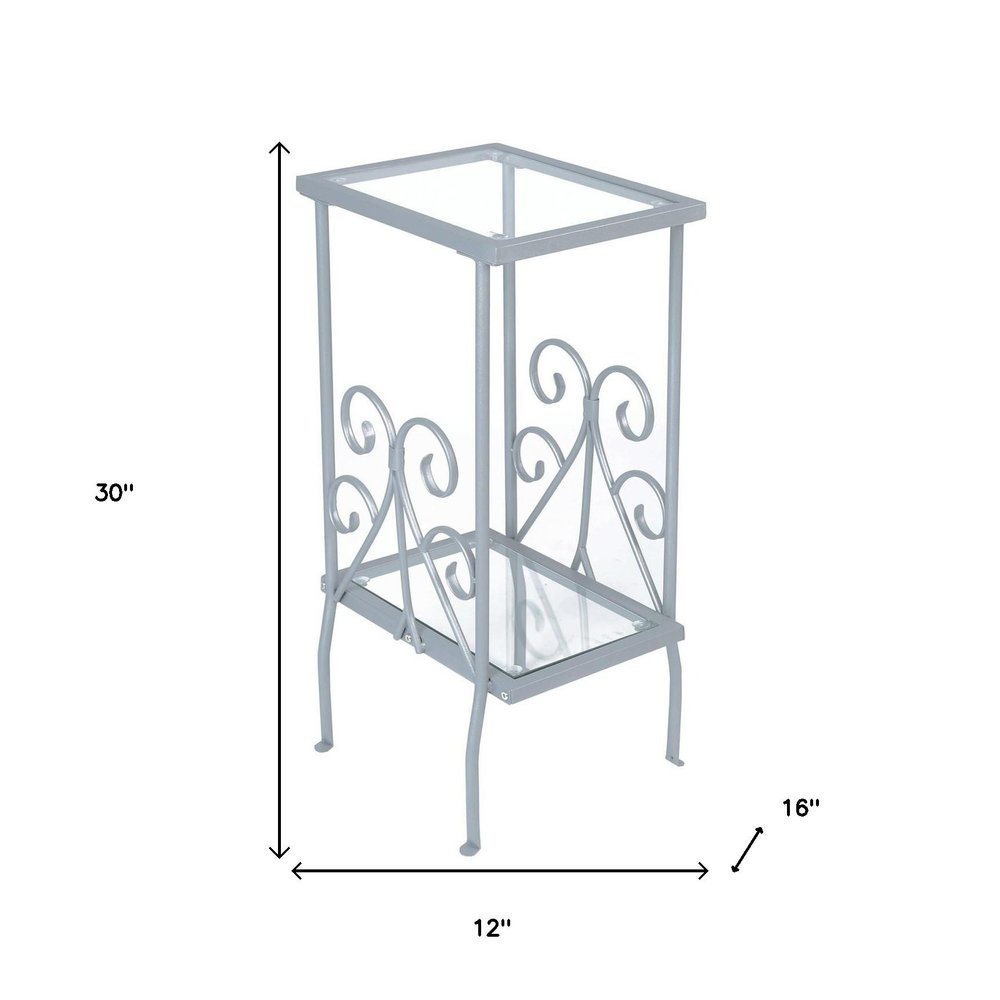 30" Silver And Clear Glass And Metal Square End Table With Shelf