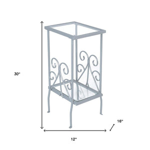 30" Silver And Clear Glass And Metal Square End Table With Shelf