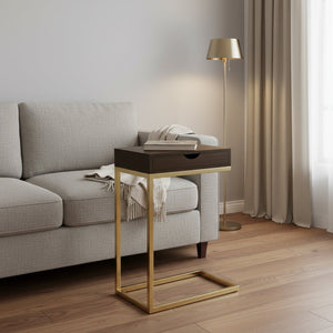 10.25" X 15.75" X 24.5" Cappuccino Finish And Gold Laminated Drawer Accent Table