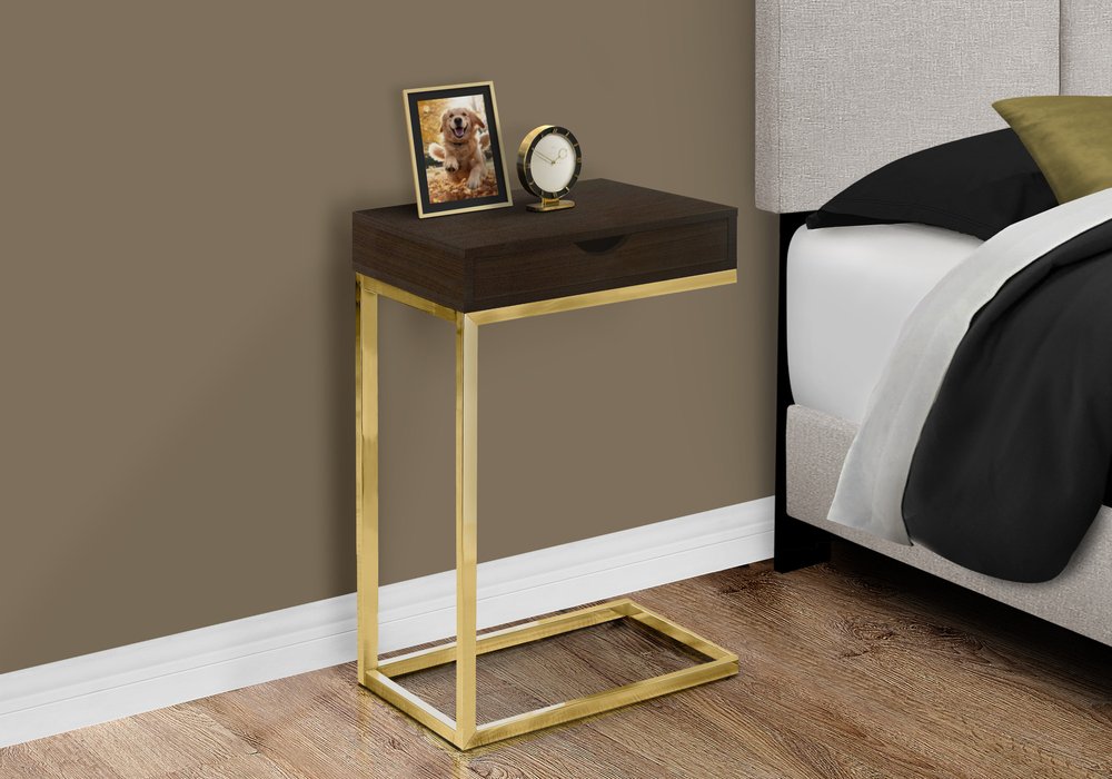 10.25" X 15.75" X 24.5" Grey Finish Drawer And Black Metal Accent Table