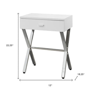 22" Silver And White Wood And Metal End Table With Drawer