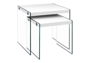 35.5" Glossy White Particle Board And Clear Glass Two Pieces Nesting Table Set