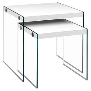 35.5" Glossy White Particle Board And Clear Glass Two Pieces Nesting Table Set