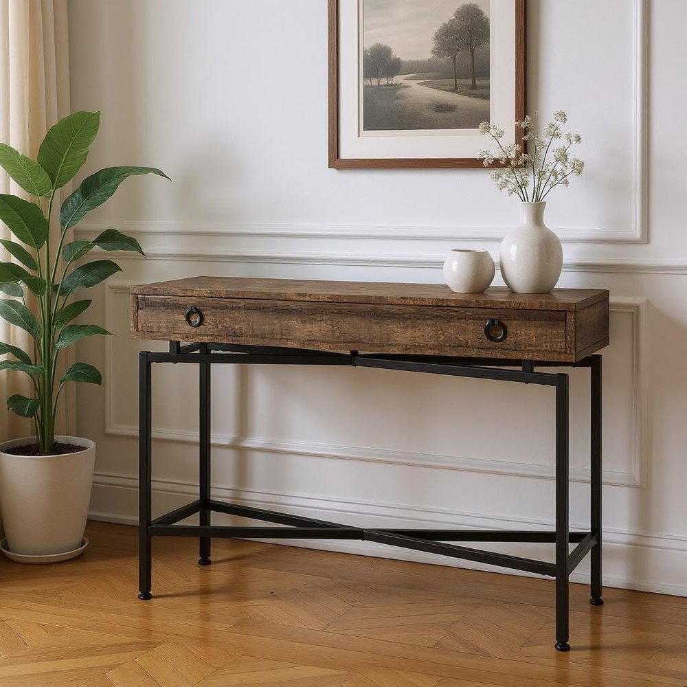 43" Brown And Black Cross Leg Console Table