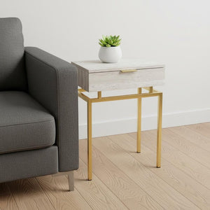 23" Gold And Beige Wood And Metal End Table With Drawer