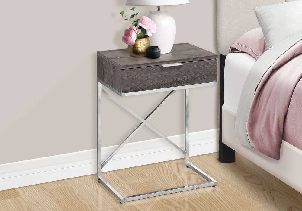 24" Silver And Gray Wood And Metal End Table With Drawer
