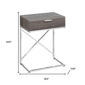 24" Silver And Gray Wood And Metal End Table With Drawer