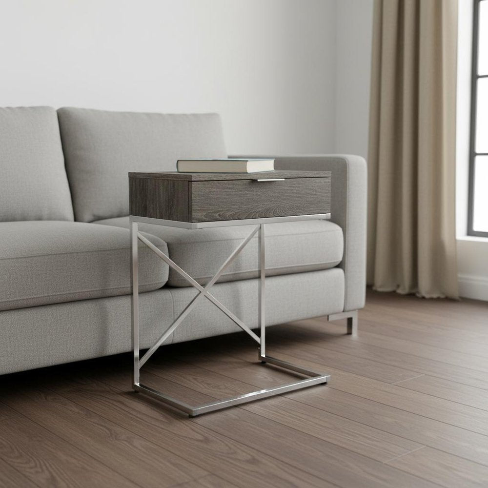 24" Silver And Gray Wood And Metal End Table With Drawer