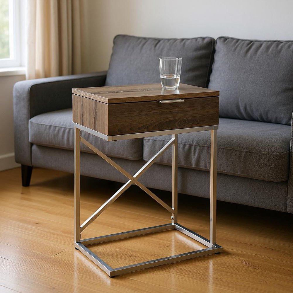 24" Silver And Gray Wood And Metal End Table With Drawer