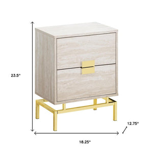 24" Gold And Beige End Table With Two Drawers