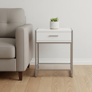 22" White Glass And Metal End Table With Drawer And Shelf