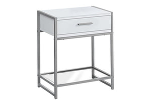 22" White Glass And Metal End Table With Drawer And Shelf