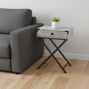 24" Silver And Deep Taupe Wood And Metal End Table With Drawer