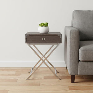 24" Silver And Deep Taupe Wood And Metal End Table With Drawer