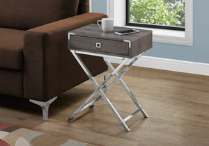 24" Silver And Deep Taupe Wood And Metal End Table With Drawer