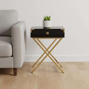 24" Silver And Deep Taupe Wood And Metal End Table With Drawer